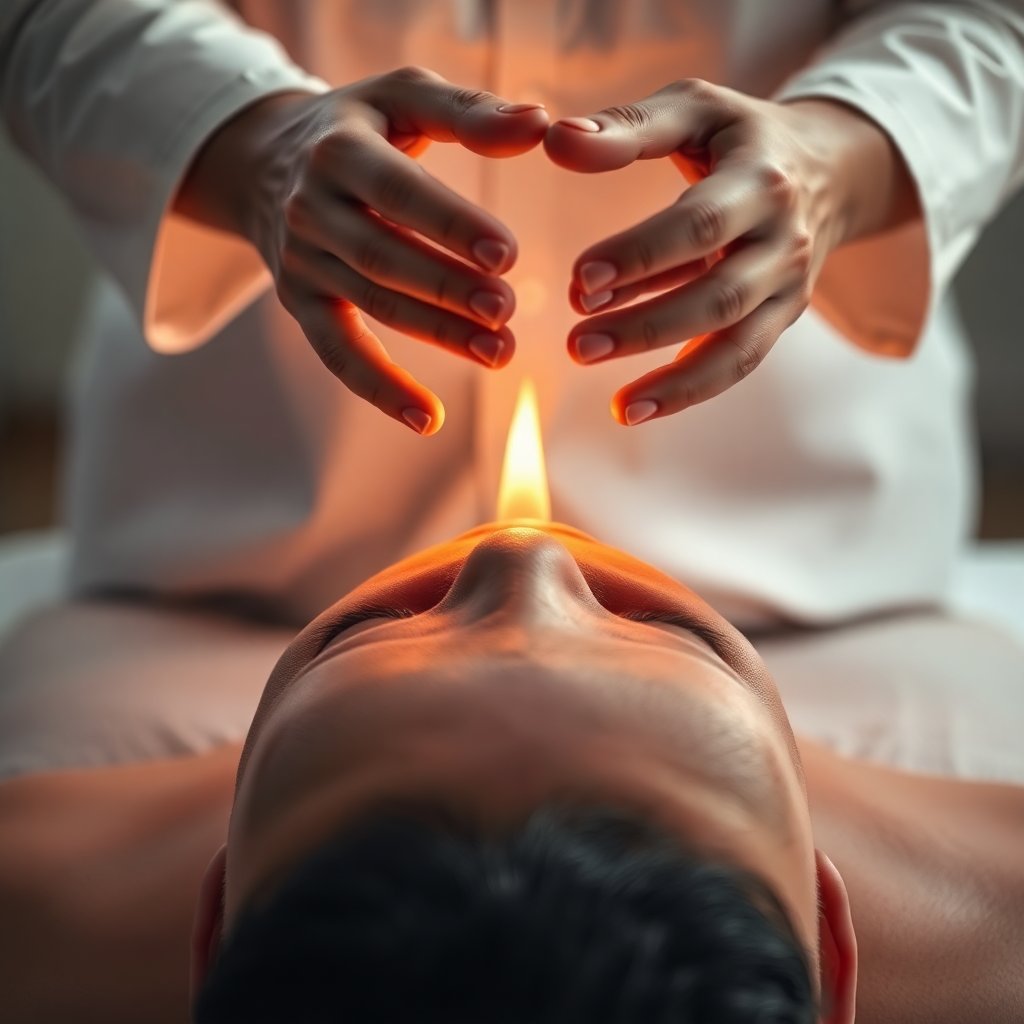 Reiki energy healing session, hands hovering over person, peaceful lighting, spiritual atmosphere, professional therapy, high quality photography