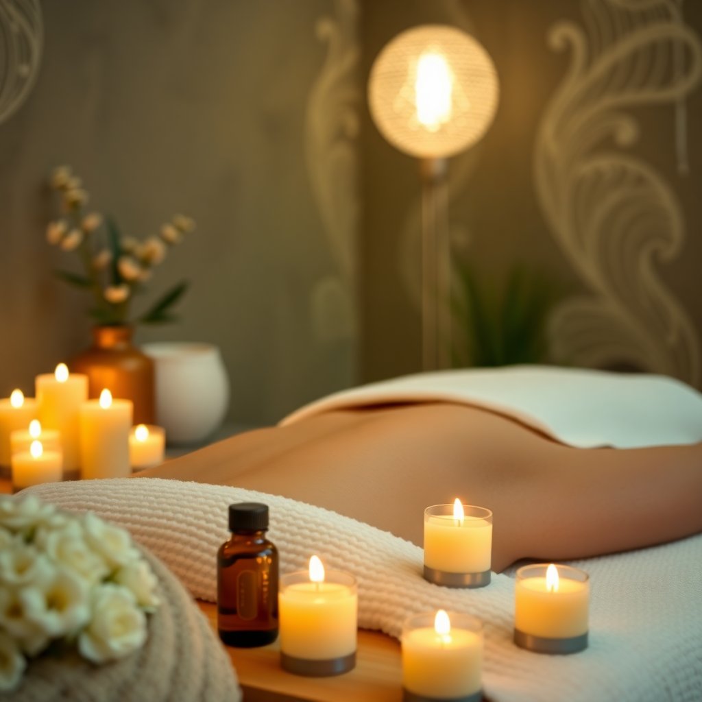 Relaxing massage with essential oils, candles, serene spa environment, soft lighting, professional massage therapy, high quality photography