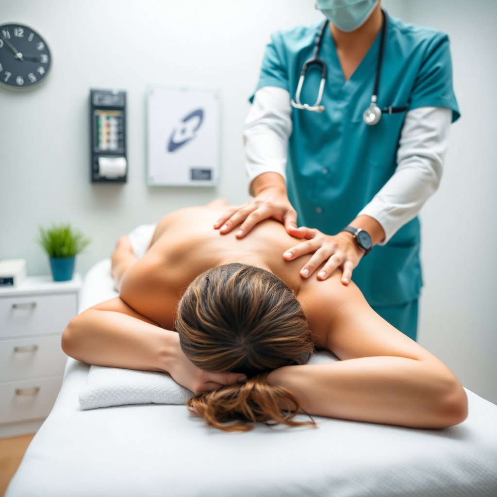 Professional medical massage therapy, deep tissue technique with acupressure, clinical setting, calming atmosphere, high quality photography